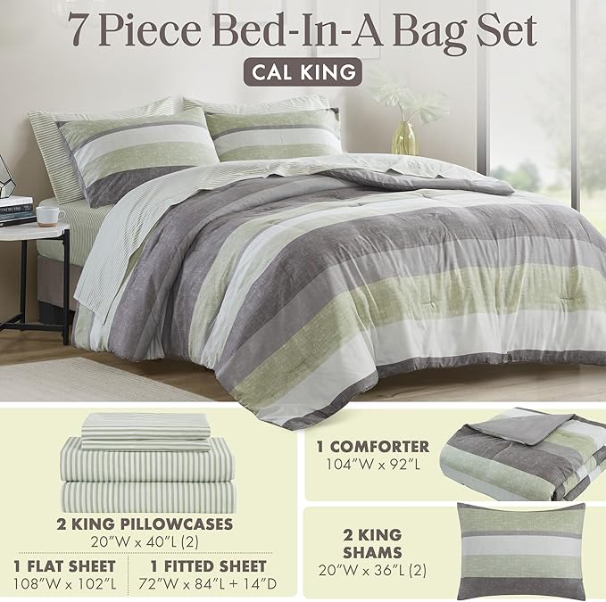 Madison Park Essentials Jaxon Cal King Comforter Set, Bed in A Bag Comforter & Sheet Set, Modern Casual Stripes Print, All Seasons, Soft Bedding Makeover, Matching Sham, Cal King Green/Grey 7 Piece