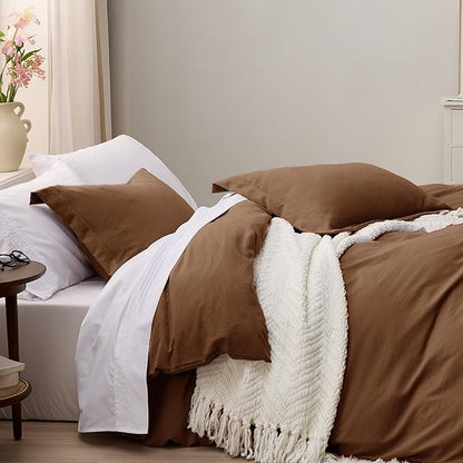 Bedsure Brown Duvet Cover Twin/Twin XL Size - 2 Pieces Prewashed Cotton-Like Polyester Extra Soft Bedding Set, Includes 1 Twin Duvet Cover 68''x90'' with Zipper Closure & 1 Pillow Sham, No Comforter