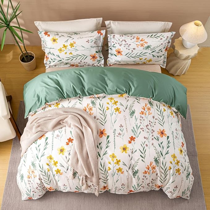 OAITE Duvet Cover Set King Size Floral Pattern Ultra Soft 100% Cotton Duvet Cover Sets 3-PC, Breathable Duvet Cover with Zipper Closure & Corner Ties(2 Pillow Shams,1 Duvet Cover)