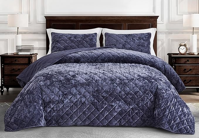 Chezmoi Collection Lux Purple Velvet Quilt King Set, 3-Piece Plush Distressed Velvet Bedding All Season Lightweight Comforter Brushed Microfiber Reverse with Diamond Stitch Quilting
