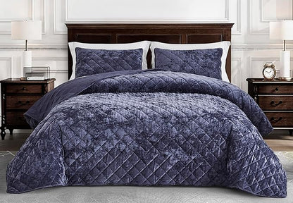 Chezmoi Collection Lux Purple Velvet Quilt Queen Set, 3-Piece Plush Distressed Velvet Bedding All Season Lightweight Comforter Brushed Microfiber Reverse with Diamond Stitch Quilting