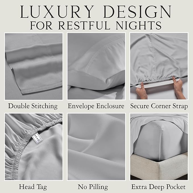 KARISSA MAE Cooling Bamboo Viscose Split King Sheet Set | 100% FSC Certified | 18” Deep Pocket | Silky, Soft, & Hypoallergenic | with Organizer Band & Elastic Corner Straps [Grey Mist]