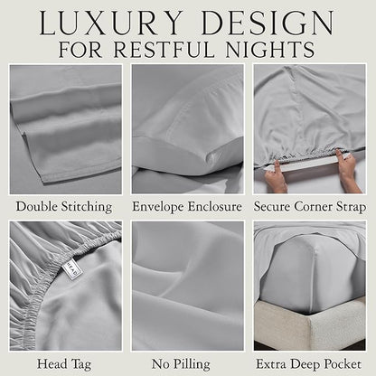 KARISSA MAE Cooling Bamboo Viscose Split King Sheet Set | 100% FSC Certified | 18” Deep Pocket | Silky, Soft, & Hypoallergenic | with Organizer Band & Elastic Corner Straps [Grey Mist]