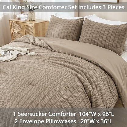 AveLom Taupe Seersucker California King Comforter Set (104x96 inches), 3 Pieces-100% Soft Washed Microfiber Lightweight Comforter with 2 Pillowcases, All Season Down Alternative Bedding Set