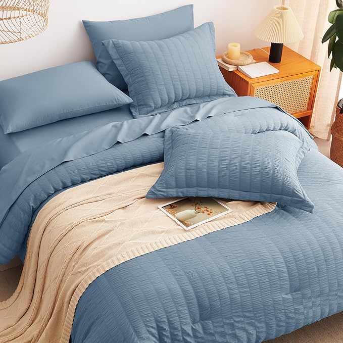 CozyLux King Size Comforter Set Grayish Blue Seersucker 7 Pieces Bed in a Bag King Comforter Set with Sheets, Dusty Blue Luxury Bedding Set with Down Alternative Comforter, Sheets, Pillowcases & Shams