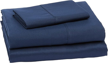 Amazon Basics Lightweight Super Soft Wrinkle-Free Breathable Brushed Microfiber 3-Piece Fitted Sheet Set with 14-Inch Deep Pockets, Twin XL, Navy Blue, Solid
