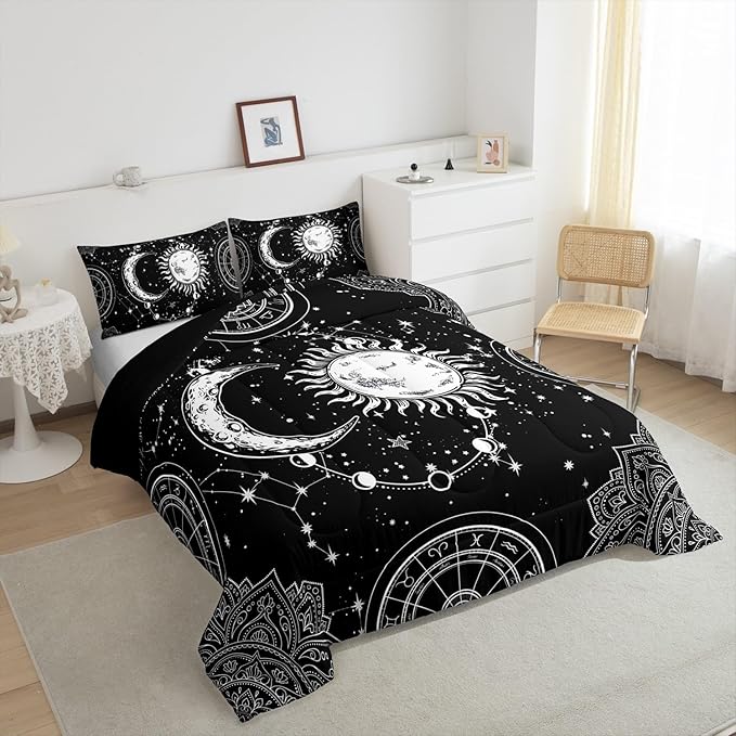 Sun and Moon Bedding Set Constellation Galaxy Comforter for Kids Boys Girls Teens Psychedelic Boho Mandala Comforter Breathable Celestial Duvet Set Black White Room Decor Quilt Cover Twin Size