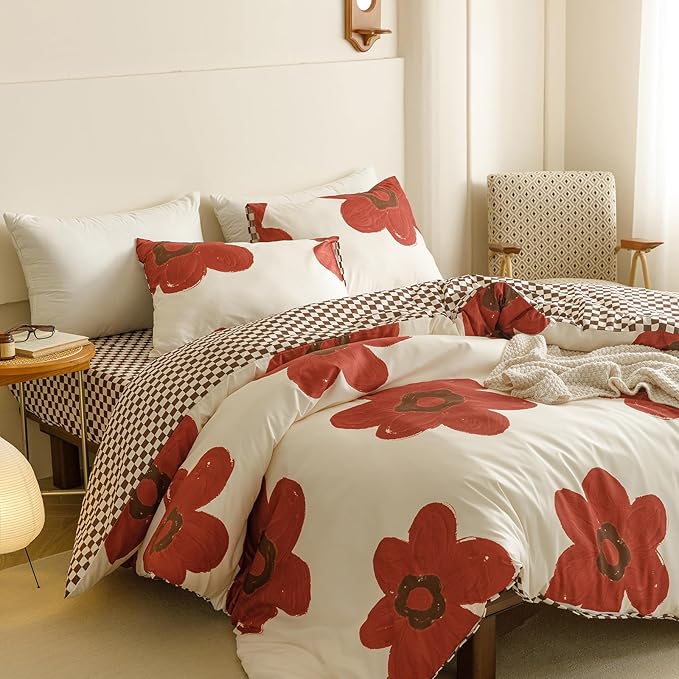 KAREVER Red Floral Comforter Full White with Red Flower Bedding Set 3 PCs Comforter Set Full Size Comforter (80x90 Inches) with 2 Pillowcases (26x26 inches)