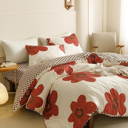 KAREVER Red Floral Comforter Cal King White with Red Flower Bedding Set 3 PCs Comforter Set California King Size Comforter (104x96 Inches) with 2 Pillowcases (26x36 inches)