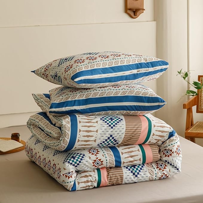 KAREVER Boho Comforter Cal King Aztec Bedding Set Southwest Theme 3 PCs Bohemian Comforter Set Blue White California King Size Comforter (104x96 Inches) with 2 Pillowcases (26x36 inches)