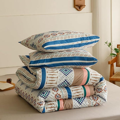 KAREVER Boho Comforter Queen Aztec Bedding Set Southwest Theme 3 PCs Bohemian Comforter Set Blue White Queen Size Comforter (90x90 Inches) with 2 Pillowcases (26x26 inches)