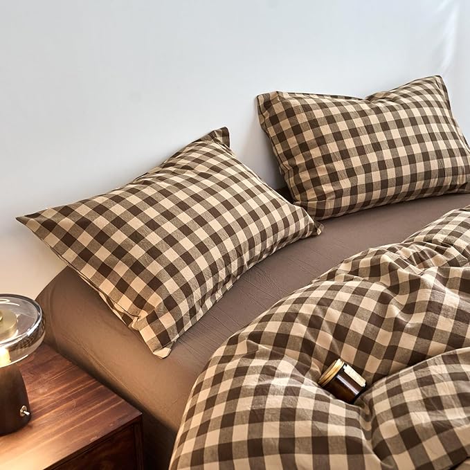 EAVD Vintage Style Brown&Beige Plaid Duvet Cover Set Full Soft 100% Washed Cotton Like Linen Feel 3-Piece Checkered Gingham Duvet Cover with 2 Pillowcases Retro Buffalo Plaid Bedding Set with Zipper