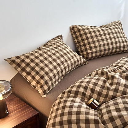 EAVD Vintage Style Brown&Beige Plaid Duvet Cover Set Full Soft 100% Washed Cotton Like Linen Feel 3-Piece Checkered Gingham Duvet Cover with 2 Pillowcases Retro Buffalo Plaid Bedding Set with Zipper