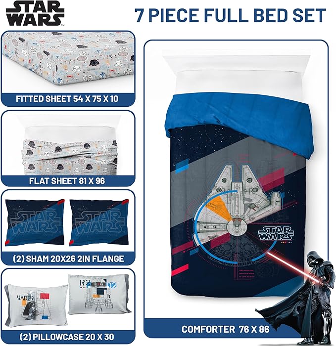 Jay Franco Kids Comforter Set Includes Sheets and Pillow Covers - Soft and Cozy Bed Set for Stylish Room Decor, Dark Blue - Star Wars, 7 Piece Full Bedding