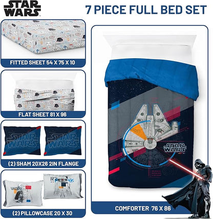 Jay Franco Kids Comforter Set Includes Sheets and Pillow Covers - Soft and Cozy Bed Set for Stylish Room Decor, Dark Blue - Star Wars, 7 Piece Full Bedding