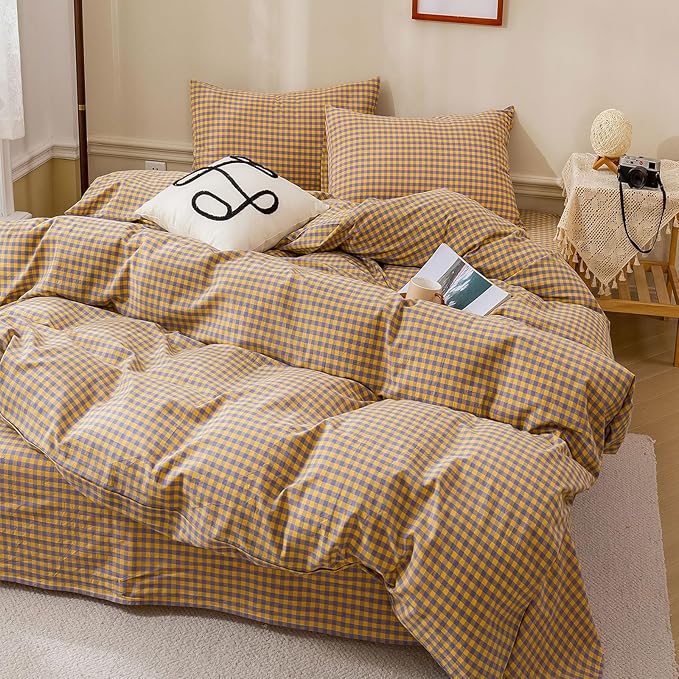 HighBuy Yellow Gingham Comforter Set Queen Size, Modern Chic Purple Plaid Pattern Comforter Fluffy with 2 Pillowcases for Men Women, 3 Pieces Lightweight Bedding Comforter Set for All Seasons