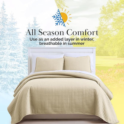 Southshore Fine Living, Inc. Oversized King Quilt Bedding Set, Soft Microfiber, Easy Care Pet Hair Resistant Bedding, California/King Size Quilt Coverlet, Beige Bedspread Set w/2 Shams, Soft Sand