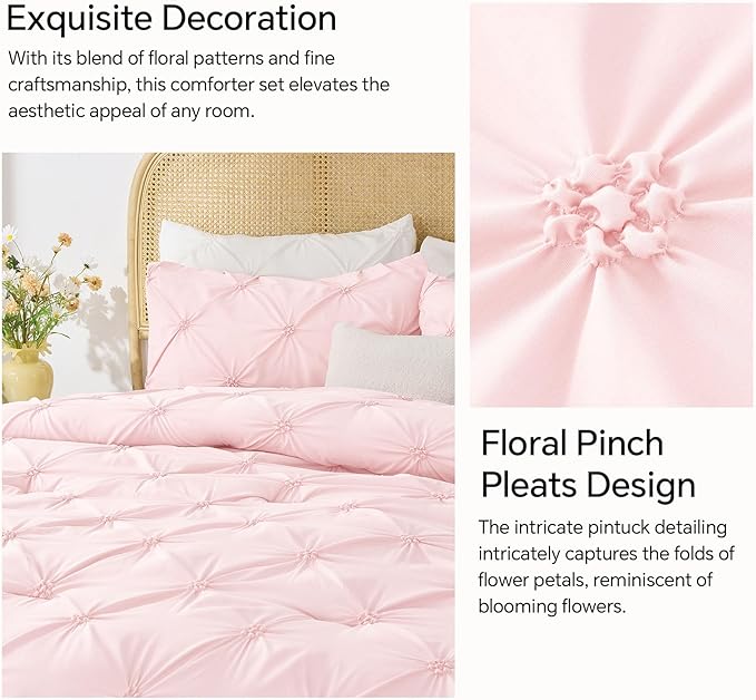 BEDELITE Baby Pink Comforter Set Full - 3 Peices Boho Pintuck Bedding Comforter Sets, Lightweight Soft & Warm Twin Bedding Sets with 2 Pillowcase for All Season
