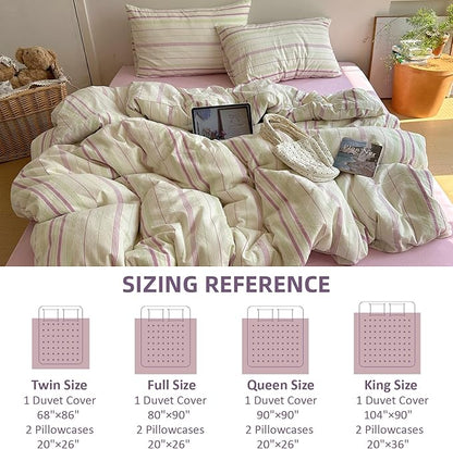 EAVD Vintage Style Striped Duvet Cover Twin Size Soft 100% Cotton Green Purple Vertical Stripes Pattern Bedding Set with 2 Pillowcases Reversible Farmhouse Geometric Duvet Cover with Zipper
