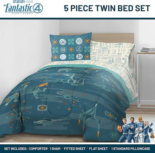 Jay Franco Comforter Set Includes Sheets and Pillow Covers - Soft and Cozy Bed Set for Stylish Room Decor, Blue - The Fantastic Four, 5 Piece Twin Size Bedding