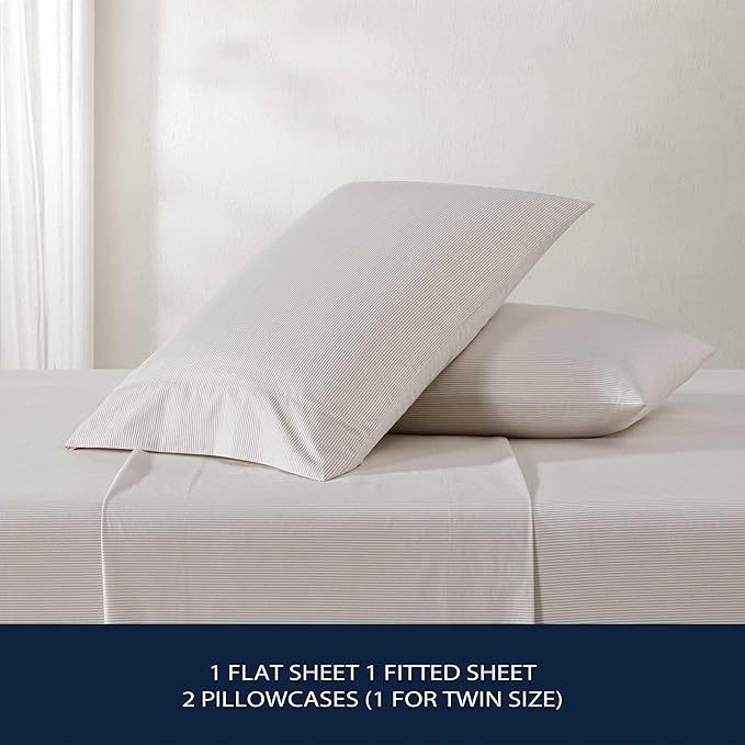 Nautica - Queen Bed Sheets, Lightweight Cotton Percale Bedding Set with Matching Pillowcases, Crisp & Cool, Oeko-Tex Certified (Penny Pinstripe Brown)