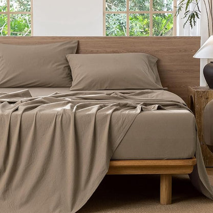 MooMee Bedding Sheet Set 100% Washed Cotton Linen Like Textured Breathable Durable Soft Comfy (Solid Mocha Brown, Full)