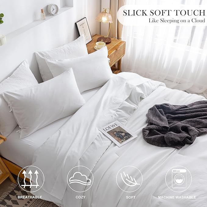 COTTEBED Ultra-Soft Queen Bed Set with Comforter and Sheets - 7 Pieces Bed in a Bag Lightweight All Season, Aesthetic Boho Hotel Polycotton Queen Down Comforter and Bedding Sheet Set Pillowcase White