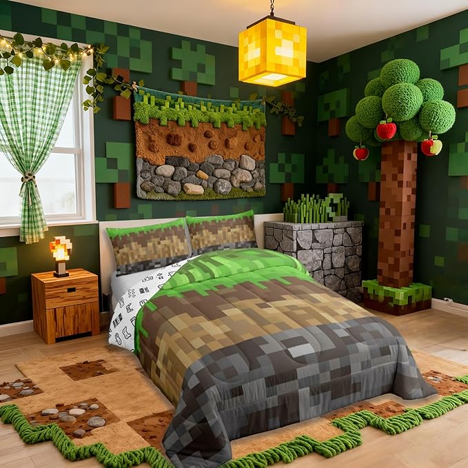 Miners Pixel Checked Comforter Set King Size,Video Games Check Lattice Kids Bedding Set,Game Cartoon Gamepad Quilt Comforter,Gray Green Brown Duvet Insert,2 Pillowcases