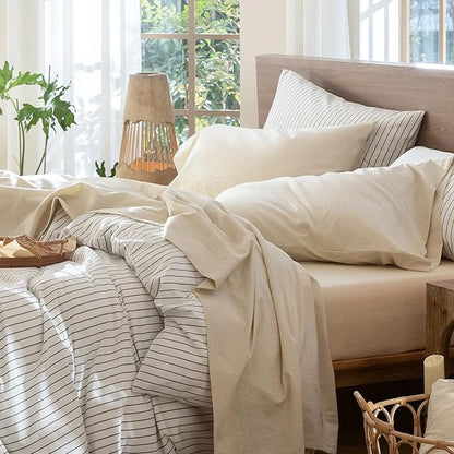 MooMee Bedding Sheet Set 100% Washed Cotton Linen Like Textured Breathable Durable Soft Comfy (Heathered Almond Milk Grey, King)