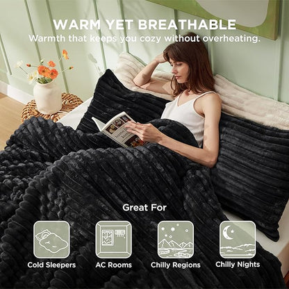 Bedsure King Comforter - GentleSoft™ 3 Pieces Double-Side Fleece Fluffy Black Comforter Set, Cozy Striped Room Decor Aesthetic, Luxury King Size Bedding with 2 Pillowcases, 104x90 Inches