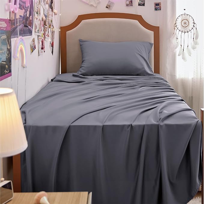 Bedsure Cooling Sheets Twin XL, Rayon Derived from Bamboo, PureWoven, Breathable & Soft Twin XL Sheet Sets, Deep Pocket Up to 16", Hotel Luxury Silky Dorm Bedding for Hot Sleepers, Dark Grey