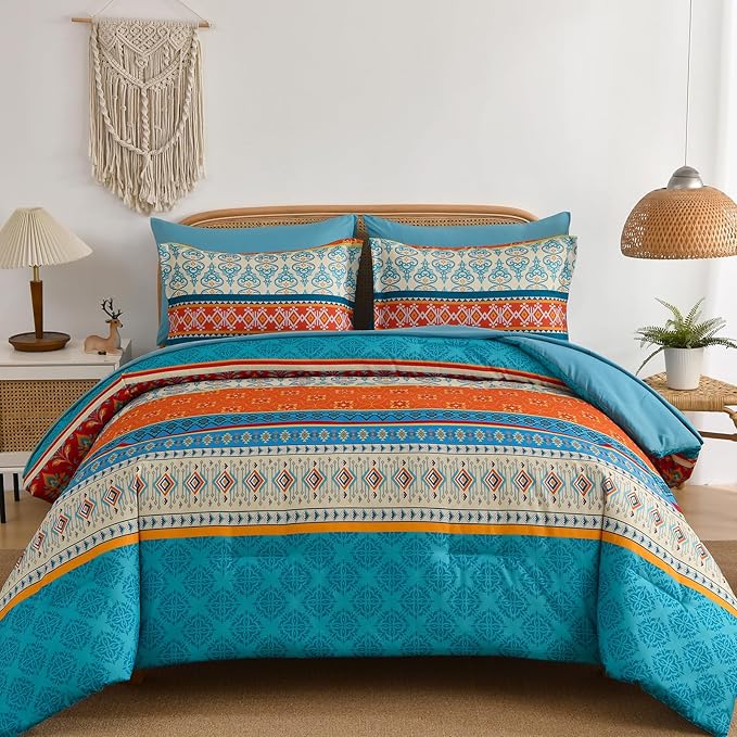Comforter Set King Size Boho,7 Pieces Bohemian Bedding Comforter Set Striped Bed in a Bag,Teal Paisley Floral Comfortet and Sheet Set,Soft Microfiber Bedding Sets for All Season