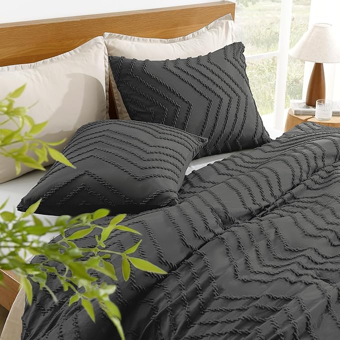 Litanika Dark Grey California King Comforter Set, 3 Pieces Cal King Oversized Chevron Tufted Boho Bedding Comforter Sets, Fluffy Bed Set (104x96In Comforter & 3 Pillowcases)