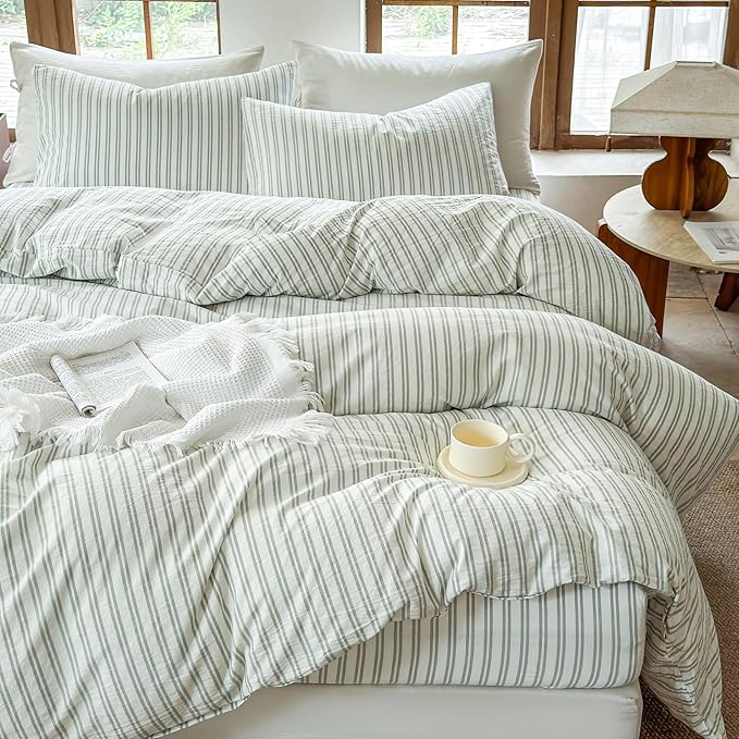 Striped Duvet Cover Set 100% Washed Cotton Linen Like Soft Feelling Breathable Bedding(White/Sage Green Strip,King)