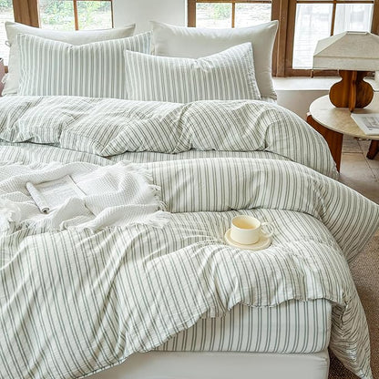Striped Duvet Cover Set 100% Washed Cotton Linen Like Soft Feelling Breathable Bedding(White/Sage Green Strip,King)