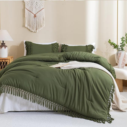 Andency Olive Green Full Size Comforter Set, 3 Pieces Boho Tassel Lightweight Soft Bedding Comforter Sets, All Season Fluffy Fringe Bed Set (79x90In Comforter & 2 Pillowcases)