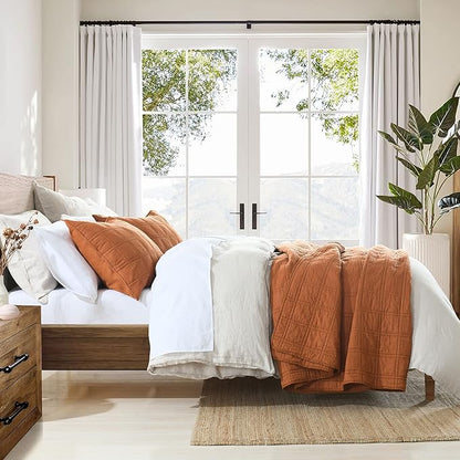 HORIMOTE HOME 100% Cotton Quilt Twin Size Burnt Orange Bedspread, Pre-Washed 2-Piece Cozy Lightweight Stitching Bedding Cover Coverlet Set with 1 Sham in Geometric Pattern for All Season