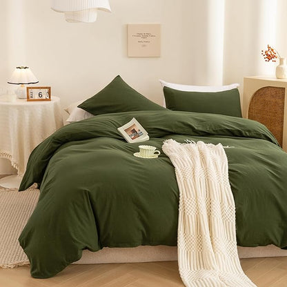 ECOCOTT 3 Pieces Duvet Cover King 100% Washed Cotton 1 Duvet Cover with Zipper and 2 Pillowcases, Ultra Soft and Easy Care Breathable Cozy Simple Style Bedding Set (Avocado Green)