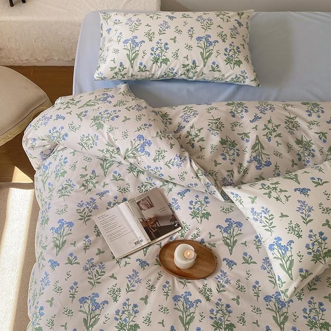 HighBuy Full Comforter Set Blue Floral Bedding Comforter Set Full White for Girl Green Botanical Coquette Bedding Set Bed Comforter with 2 Pillowcases,Boho Comforter Sets Garden Bedding Sets