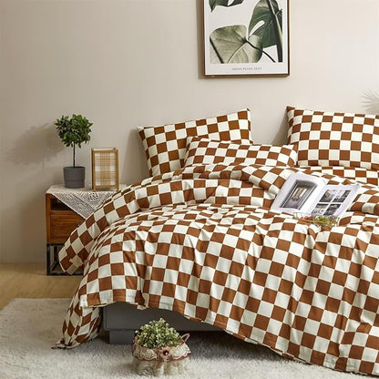 Houseri White Brown Plaid Comforter Set King Pumpkin Colored Checkerboard Comforter King Size Men Women Caramel Buffalo Checkered Bedding Elegant Camel Grid Gingham Checker Bed Comforter Sets King