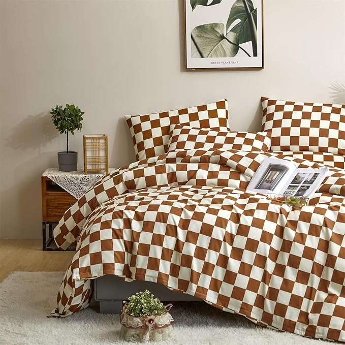 Houseri Plaid Brown and White Comforter Set Cal King - Russet Buffalo Checkered Bedding for California King - Modern Camel Grid Checkerboard Gingham Comforter for Men and Women