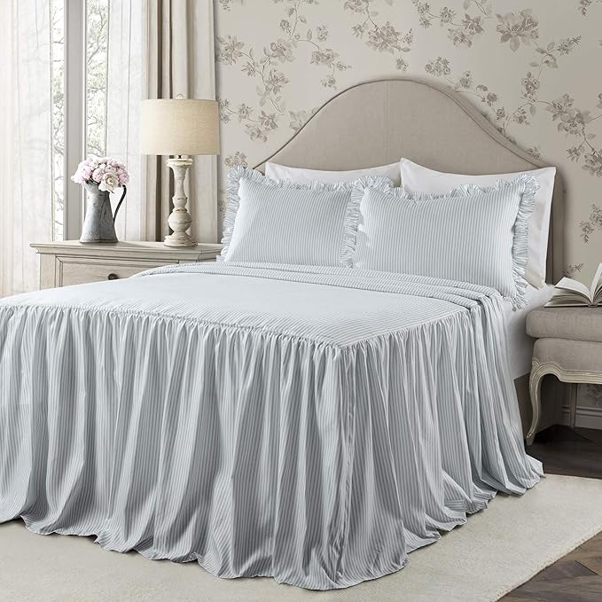 Lush Decor Ticking Stripe Bedspread Queen Size 3 Piece Set Lake Blue - Ruffle Bedding Set Queen Bedspreads - Striped Bedding - Farmhouse & Coquette Decor