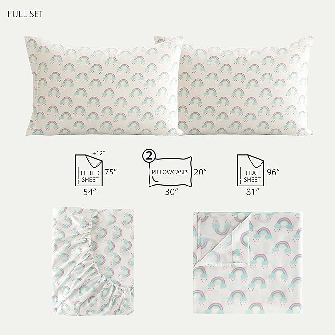 Heritage Kids 4 Piece Sheet Set Full – Rainbow Print, Includes Fitted Sheet, Flat Top Sheet & 2 Pillowcases, Soft Kids Bedding Set