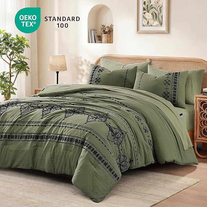 MaiRêve King Size Comforter Set Olive Green, Embroidery Floral Western Boho Bedding Set, All Season 7 Pieces Bed in a Bag with Sheets, Pillowcases & Shams