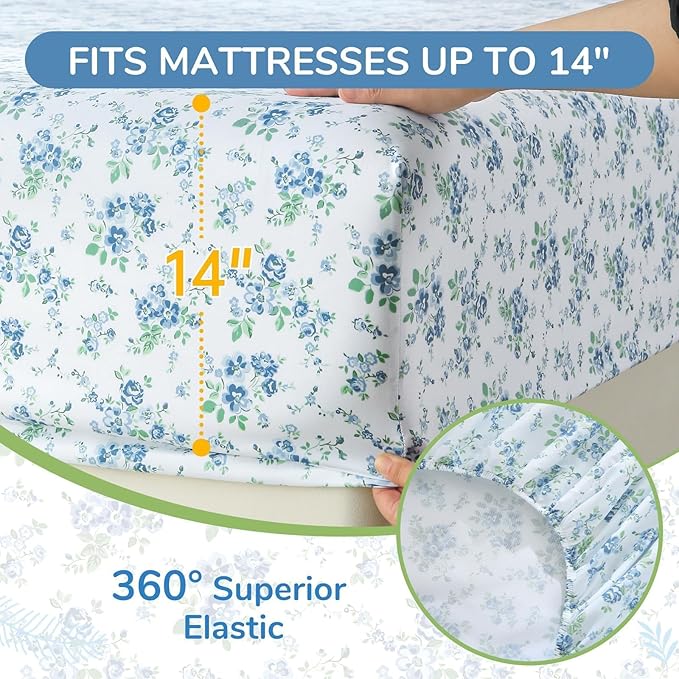 MUXHOMO Queen Size 4 Piece Sheet Set, Soft Breathable Bed Sheet Set for Bedroom with Deep Pocket Up to 16", Wrinkle-Free & Cooling Bedding for Oeko-TEX Certified - Blossoms Light Blue