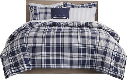Madison Park Essentials Cozy Bed in A Bag - Reversible Comforter with Complete Sheet Set, Casual Plaid Cabin Design, All Season Cover, Decorative Pillow, Patrick Plaid Navy King(104"x92") 8 Piece