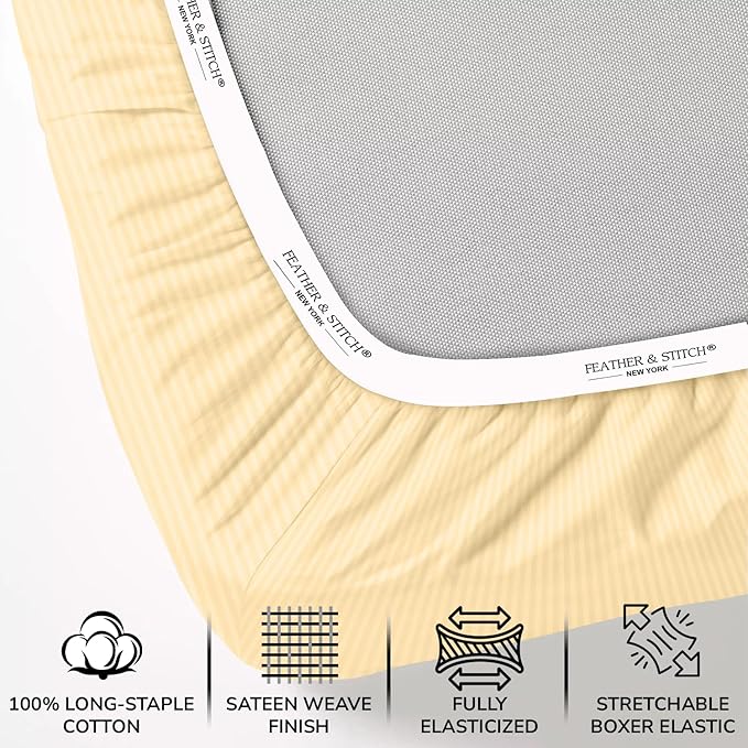 Feather & Stitch 500 TC King Size Damask Bed Sheet Set, 100% Cotton Soft Breathable Bedsheets, 4 Piece 18" Deep Pockets Sateen Weave Striped Bedding Mattress Resort Hotel Luxury- (Semolina Stripe)