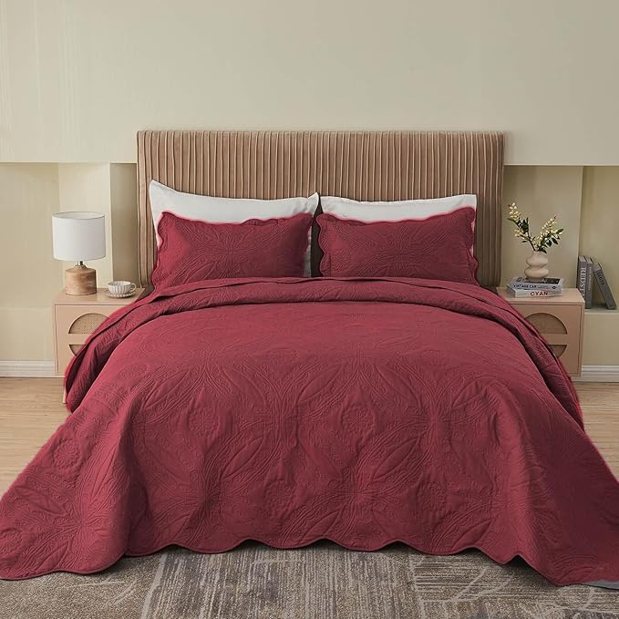 Kingnex Oversized King Bedspreads 128x120 for Extra Wide Tall King or Cal King Bed Ultrasonic Quilted Coverlet Set 3 Piece Include 1 Quilt 2 Pillowcases Burgundy
