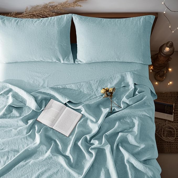LBRO2M 100% Pure Linen Sheet Set Deep Pocket Up to 16" Bed Sheets Sets, Natural Flax Beddings Soft, Breathable, Comfortable for All Seasons 4 Pcs Sheet Set Queen Size, Ocean Blue