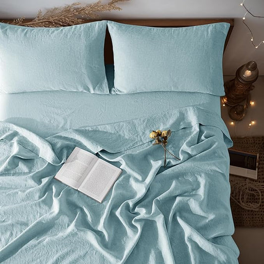 LBRO2M 100% Pure Linen Sheet Set Deep Pocket Up to 16" Bed Sheets Sets, Natural Flax Beddings Soft, Breathable, Comfortable for All Seasons 4 Pcs Sheet Set Queen Size, Ocean Blue